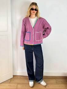 Forever 21 1 件女式宽松翻领长袖口袋加厚外套，适合冬季 - 紫色 - 查看 3