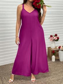 SHEIN LUNE Plus Size Women's Solid Color Wide Strap Loose Casual Jumpsuit Valentine Summer Outfits For Women Summer Spring Clothes Spring Outfits For Women Summer Summer Boho Old Money