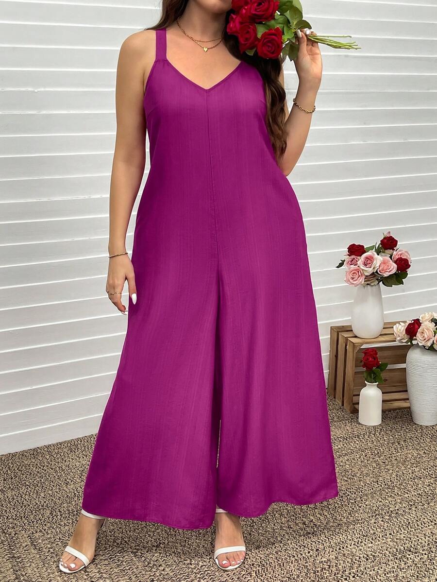 SHEIN LUNE Plus Size Women's Solid Color Wide Strap Loose Casual Jumpsuit Valentine Summer Outfits For Women Summer Spring Clothes Spring Outfits For Women Summer Summer Boho Old Money