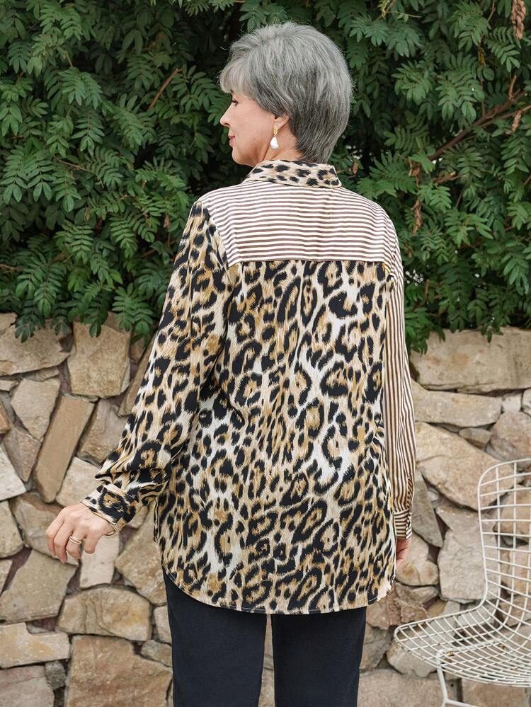 Plus Size Casual Striped Patchwork Leopard Print Shirt For Winter,Spring