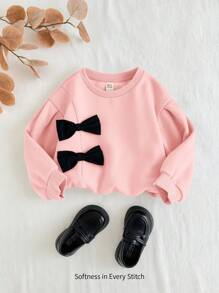 Cozy Pixies Young Girl Fashionable 3D Bow Crew Neck Drop Shoulder Pink Pullover Sweatshirt - Pink - View 6