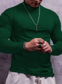 Manfinity Dauomo Men's Solid Color Casual Fashion Ribbed Turtleneck Long Sleeve T-Shirt, Fall - Green - View 3