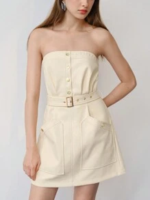 MOTF STUDIO VÁY MINI ỐNG THẮT LƯNG DA PU - Màu be - Xem 4