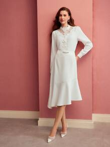 MOTF PREMIUM VESTIDO DE CORTE BIES CON ENCAJE DE CONTRASTE - Blanco - Ver 9