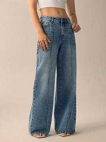 Forever 21 Calça Jeans Feminina Casual Solta com Bolsos e Perna Larga