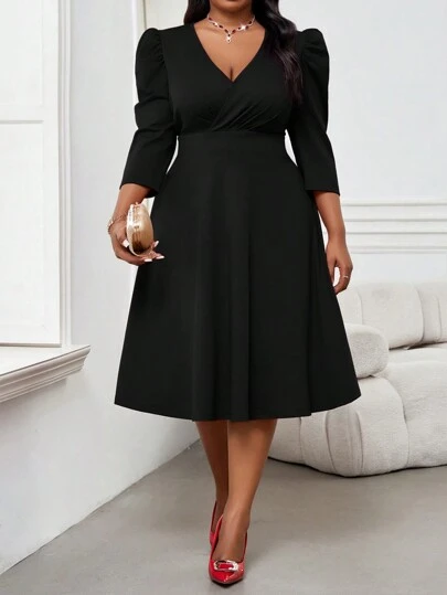 SHEIN Lady Höst och vinter Elegant fest Pendling Bröllop Jul Cocktailparty Alla hjärtans dag Konsert/Musikfestival Röd stickad överlappande krage utsvängd får-av-får ärm Midi trekvarts lång ärm Plus Size Klänningar