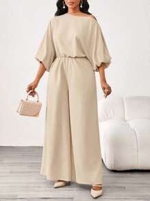 SHEIN Lady 秋冬季优雅复古工作休闲办公室香槟色编织不对称领舞会礼服主教袖新款连体裤 - 駝色 - 查看 7