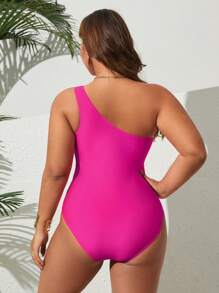 SHEIN Swim Curve 加大码连体纯色扭纹前镂空优雅休闲女式泳衣 - 玫紅色 - 查看 2