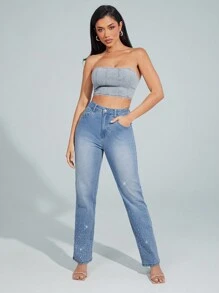 Denimoi Rhinestones Detailed Straight Leg Jean - Light Wash - View 4