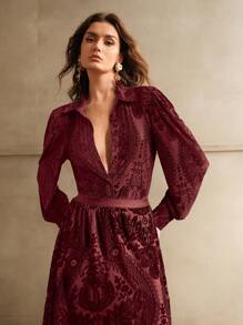 Anewsta Turndown Collar Long Sleeve Velvet Print Elegant Blouse
