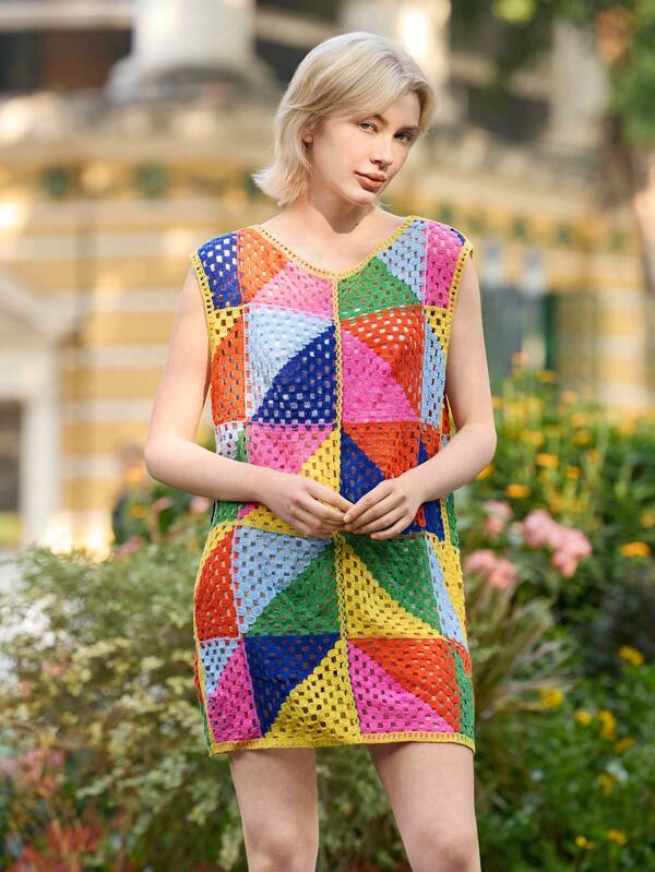 Skyraze Cardigan tricotat cu patchwork, multicolor, pentru femei, croșetat manual, model geometric