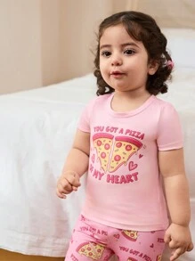 SHEIN 2 pièces/set vêtements d'intérieur confortables pour bébé fille, avec imprimé d'éléments de pizza rose, comprenant un legging à manches courtes - Rose bonbon - Voir 6