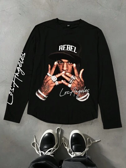 PAVTROS 男士圆领长袖图案印花休闲黑色长袖 T 恤上衣，日常穿着嘻哈风，秋季