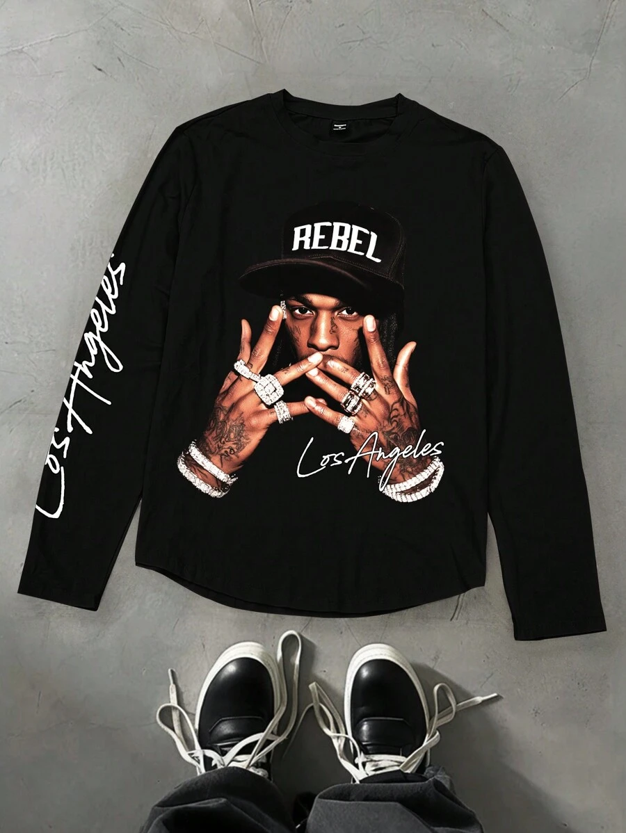 PAVTROS 男士圆领长袖图案印花休闲黑色长袖 T 恤上衣，日常穿着嘻哈风，秋季 - 黑色 - 查看 1