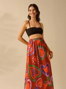 CAJUNI 女士彩色心形印花、波西米亚风印花长裙、假日休闲沙滩夏季黑色裙子 - 彩色 - 查看 7