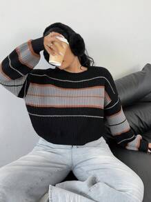 POPSWAY 大码女式休闲套头短款撞色长袖针织衫秋冬款 - 黑色 - 查看 4