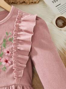 Tween Girl Flower Embroidery Ruffle Hem Dress - Pink - View 7