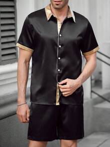 Manfinity Homme Men's Casual Colorblock Patchwork Short Sleeve Shirt And Shorts Set,Men Two Pieces Outfits