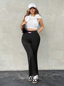 SHEIN EZwear Women Plus-Size Knitted Elastic Solid Color Flare Pants With Pocket - Black - View 4