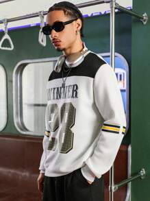 PAVTROS Men's Casual Colorblock Letter & Number Print Fleece Sweatshirt, Autumn/Winter - White - View 3