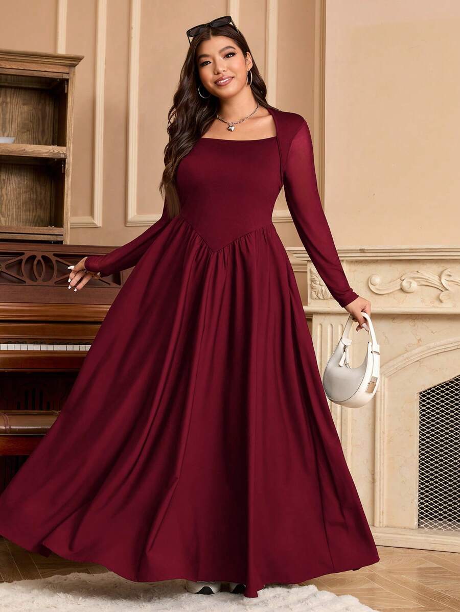 SHEIN EZwear Plus Size Women Wine Red Vintage Mesh Panel Flared Dress