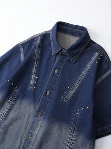 ROMWE MEN Street Life Men's Front Button Short Sleeve Pocket Casual Denim Top - Bronze - View 3