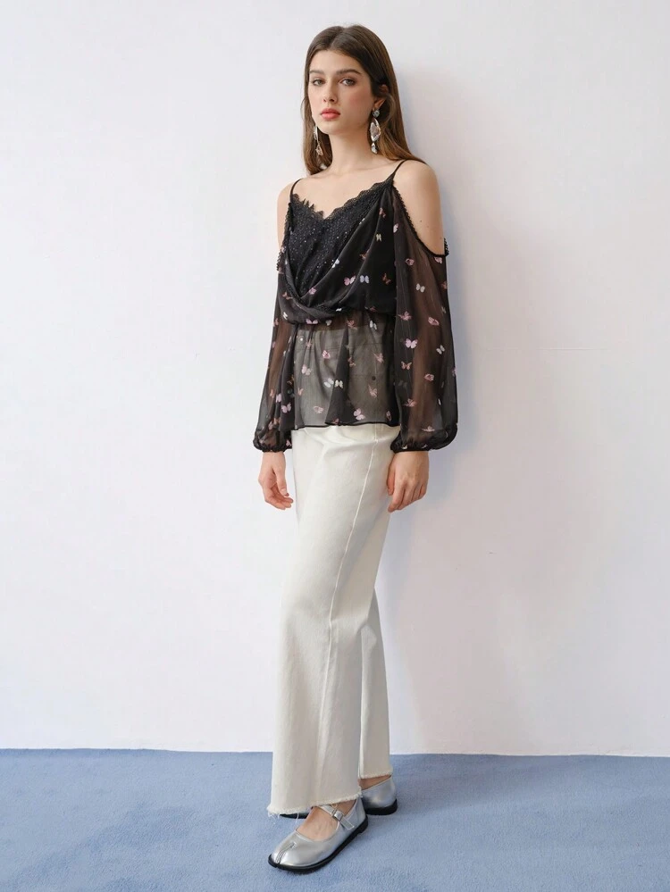 MOTF STUDIO CONTRAST LACE LIGHTWEIGHT SHEER BLOUSE,VALENTINE'S DAY,SPRING/SUMMER