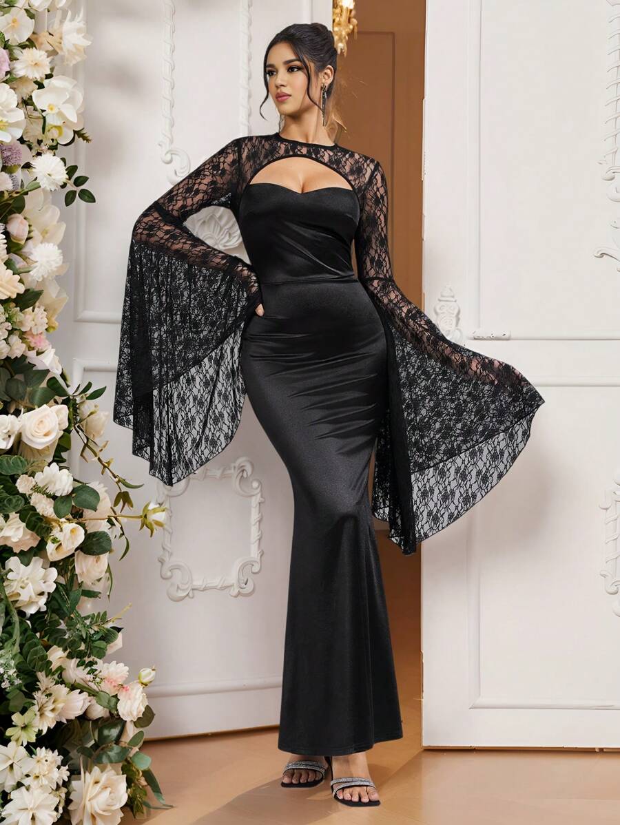 SHEIN Belle Women's Elegant Mixed Material Hollow-Out Waist Fitted Bodycon Dress Sequin Lace Boat Neck Ruffle Trim Mermaid Hem Satin Evening Party Formal Prom - Black - View 1