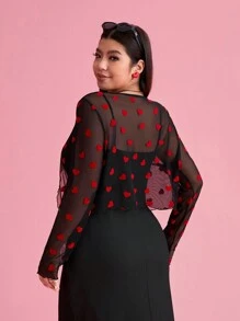 Solflare Plus Size Women's Valentine's Day Heart Net Mesh See-Through Cardigan Top, Spring Summer