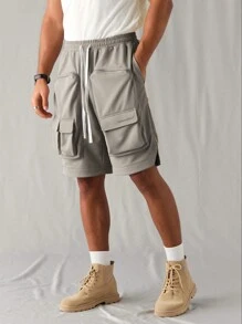 Manfinity VCAY Pantalones cortos casuales sólidos con cintura elástica suelta y tejido a la moda para hombres - Gris - Ver 1