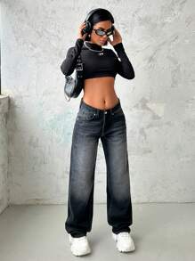 EURMUSE Damen gerade geschnittene Jeans mit niedriger Taille - Dunkelgrau - Übersicht 4