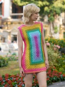 Skyraze 女士彩虹无袖长款钩针迷你连衣裙，手工钩编