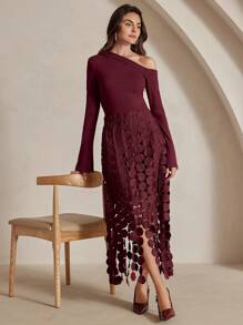 Anewsta Đầm tua rua tay dài cổ cao eo ôm gợi cảm, phong cách Âu Mỹ thanh lịch - Màu đỏ tím - Xem 3