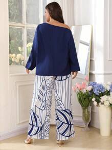 SHEIN Clasi Plus Size Asymmetric Neck Long Sleeve Top With Floral Print Long Pants Cooling Dress Stress Relief Outfit Evening Long Gown, Elegant Fashion Women Loungewear