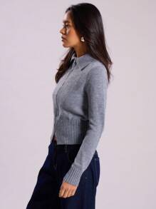 MUSERA Ribbed Collared Double Zip Cardigan Spring Business Casual Elegant Old Money Brunch - Grey - View 2