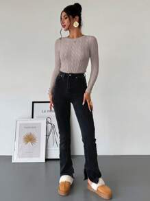Firerie Maglione semplice ed elegante da donna, in stile casual da college, versatile, con collo a giro, a maglia intrecciata, modellato
