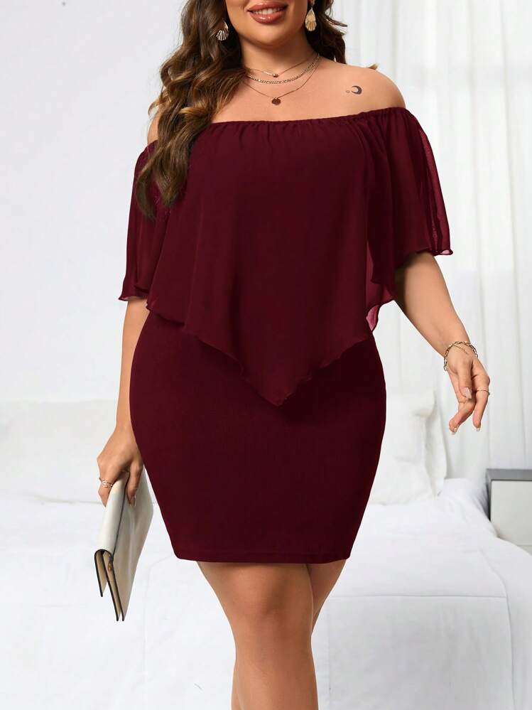Reflora Vestido ajustado de hombros descubiertos de unicolor elegante talla grande - Burdeos - Añade 6
