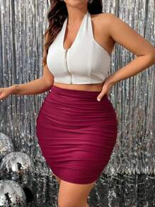 SHEIN Clasi 大码女式褶皱勃艮第紧身裙，优雅适合新年、情人节、感恩节、圣诞节、复活节、庆典和新年 - 紅色 - 查看 4