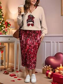 SHEIN LUNE 2 件套加大码肖像艺术印花连衣裙和连帽衫套装，适合春秋季节、情人节