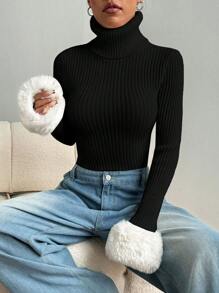 SHEIN Unity Tight Casual High Collar Colorblock Fluffy Sleeve Hem Sweater Knit Pullover Fall Winter Sweater - Multicolor - View 1