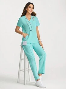 TaskEZ Solid Color Short Sleeve And Pants Scrub Uniform Set - Green - View 2