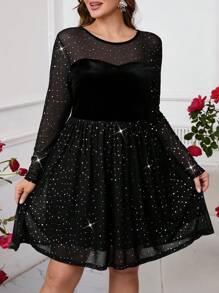 SHEIN Clasi 大码休闲网眼拼布圆领长袖短裙新年女装新年女装新年服装女装新年服装女装/女士新年礼服除夕服装新年派对礼服黑色连衣裙优雅闪亮生日服装女装情人节 - 黑色 - 查看 5
