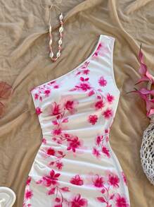 Soleia Women's Spring/Summer Holiday Pink Romantic Tie Dye Floral Pattern One Shoulder Ruched Waist Slim Fit Mini Dress, For Date, Valentine's Day, Afternoon Tea, Party, Carnival, Easter, Beach Cruise - Multicolor - View 3