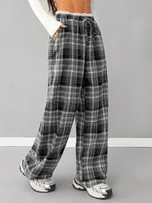SHEIN EZwear Women's Spring Summer Daily Wear Y2K Fashion Streetwear Athleisure 90s Fashion Vintage Plaid Contrast Lace Drawstring Elastic Waistband Black And White Baggy Wide Leg Pants