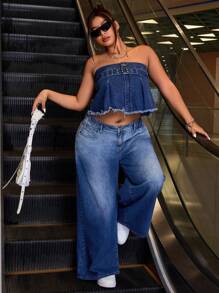 SHEIN ICON 镂空搭扣系带破洞牛仔布束腰胸衣 - 深色水洗藍 - 查看 4