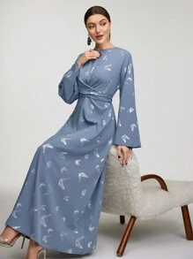 Veilorie Đầm dạ hội dài tay đơn giản in họa tiết Ả Rập giản dị hàng ngày cho nữ Đầm dự tiệc thanh lịch, sang trọng, đầm dạ hội dài - Màu xanh lam - Xem 5