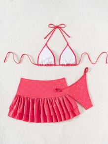 Swim Mod 3pcs Women Halter Neck Tied Back Bikini Set, Bikini Summer - Watermelon Pink - View 2