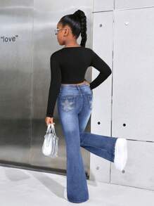 SHEIN Tween Girls Y2K Fashion Casual Flare Leg Jeans Star Pattern With Rhinestones, Girls Fall Clothes Back To School Outfits