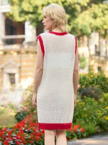 Skyraze Women's Contrast Trim Sleeveless Knit Dress, Ivory, Spring,Valentine's Day,Valentines Sweater - White - View 2