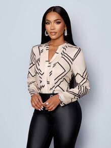 SOLERSUN Elegant Commuter Daily Outgoing Work Shirt For Women, Apricot Line Print V-Neck, Front Center Pleats, Long Sleeve (Random Floral) Fall Cloth For Women - Apricot - View 3